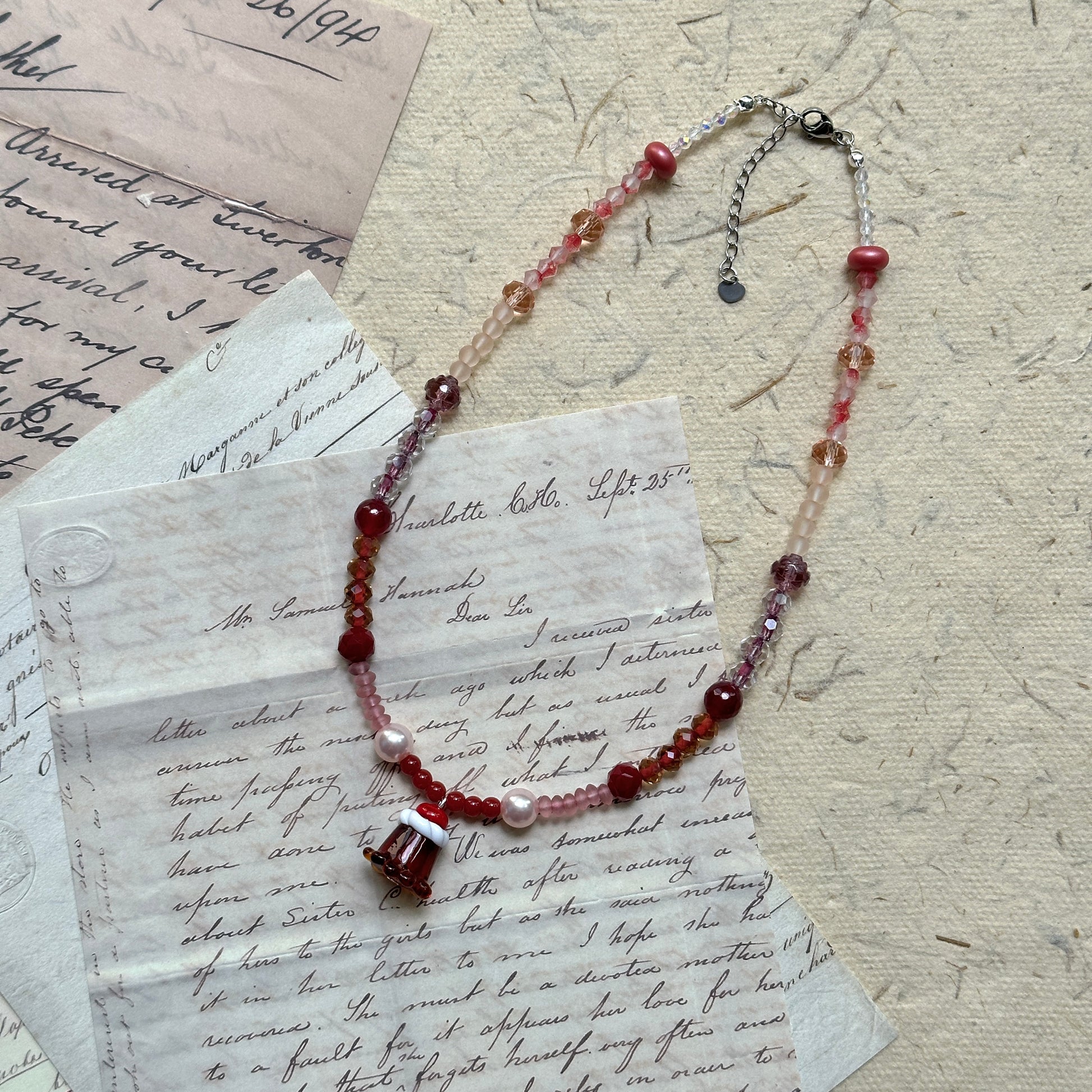 Model wearing Strawberry Pudding Charm Necklace, sweet everyday style