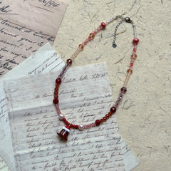 Model wearing Strawberry Pudding Charm Necklace, sweet everyday style