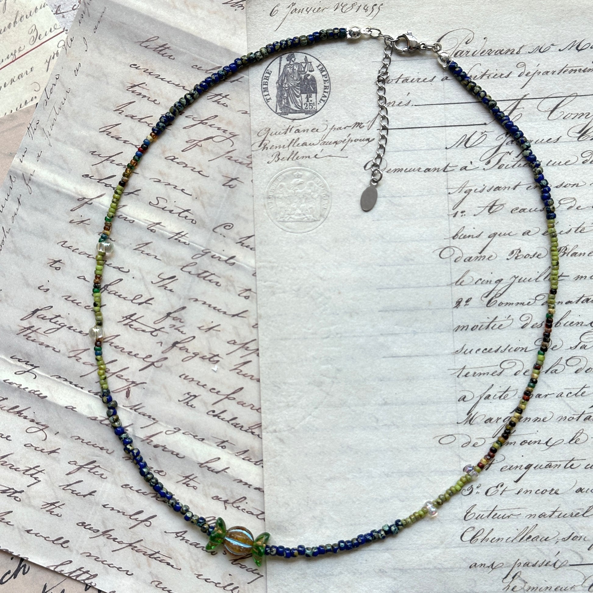 Blue and olive gradient seed beads, lightweight hand-strung detail