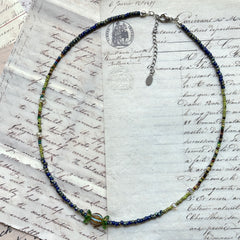 Blue and olive gradient seed beads, lightweight hand-strung detail