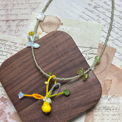 Green and pale beads string with Czech flower charms, lightweight handmade style