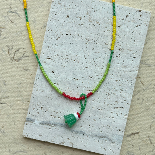 Dessert-inspired necklace with petit gateau glass pendant in green–red–yellow beads – Glazenya