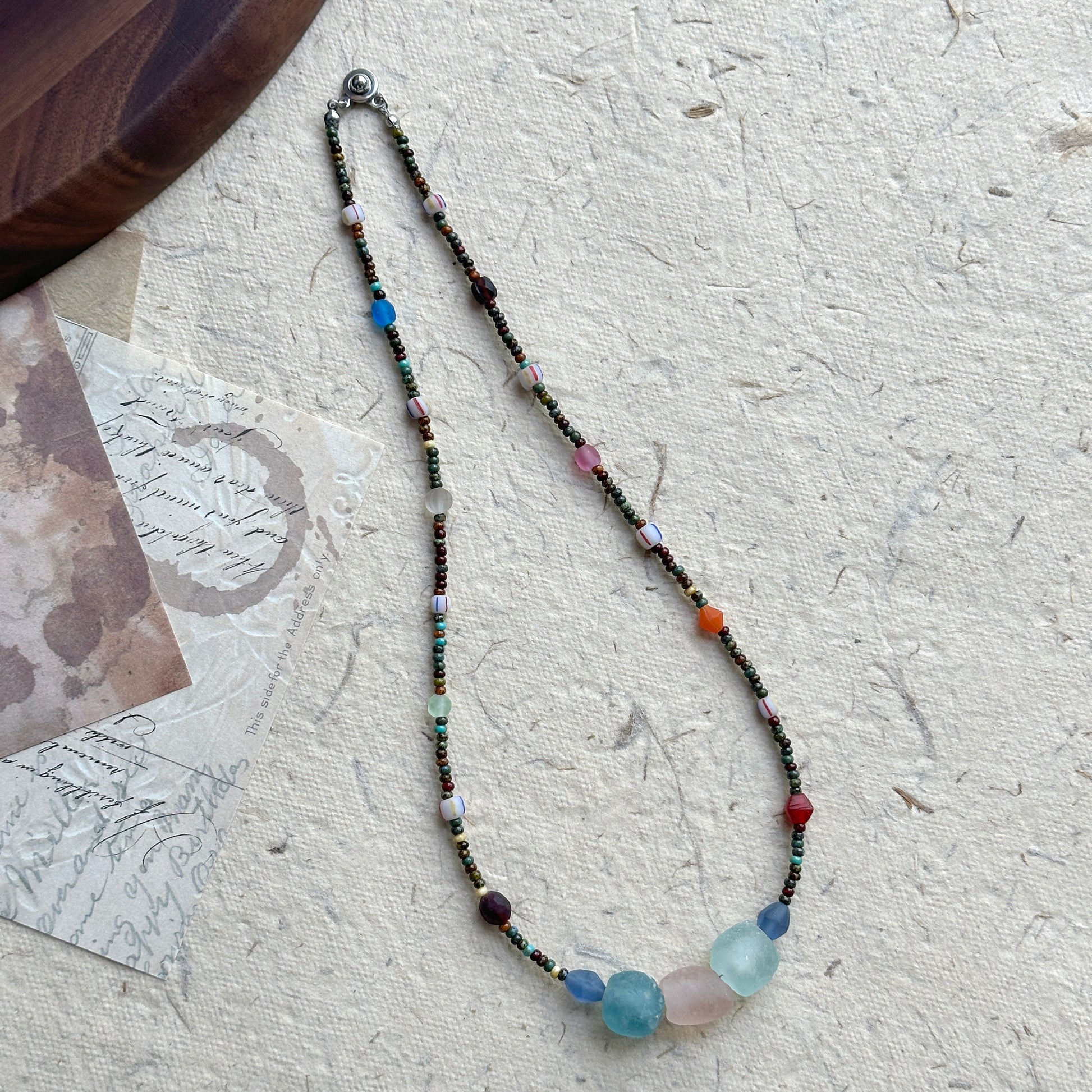 Bohemian handcrafted necklace with vibrant stone-like details