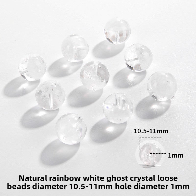Clear quartz crystal rounds with white phantom inclusions and faint rainbow flash — Frostbow Atrium (7–14 mm).