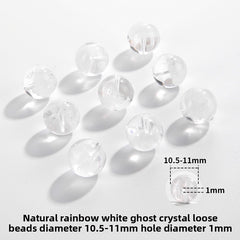Clear quartz crystal rounds with white phantom inclusions and faint rainbow flash — Frostbow Atrium (7–14 mm).