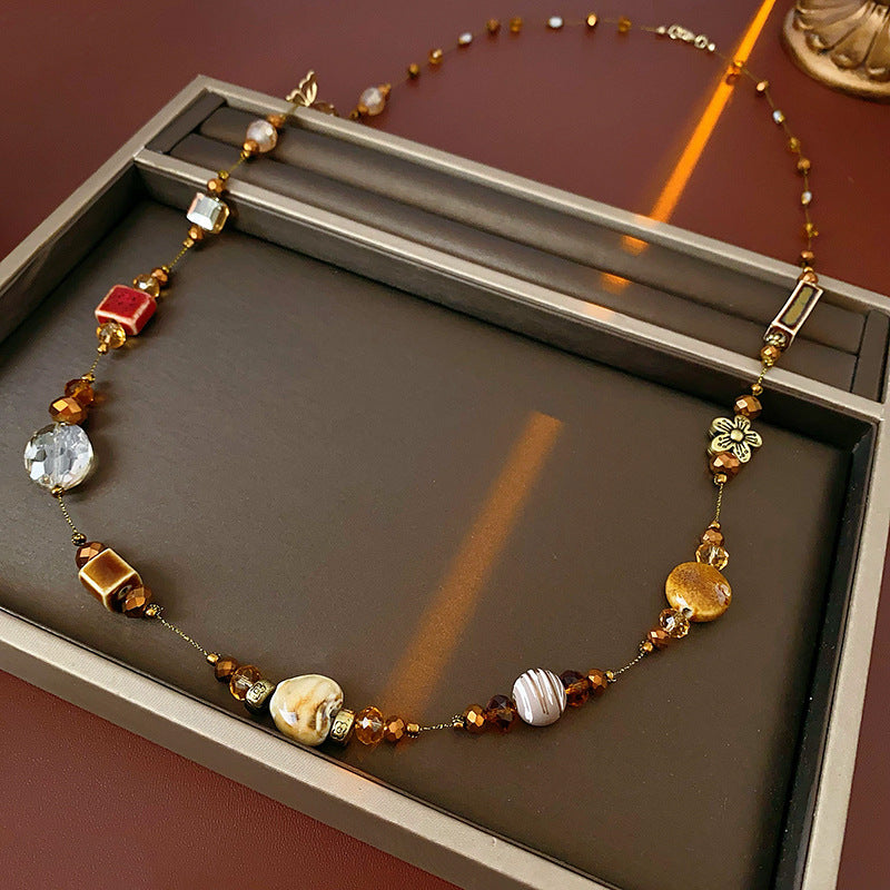 Glazenya Retro Ethnic Geometric Ceramic Long Necklace — handcrafted brown ceramic sweater chain with high-end autumn winter ethnic style design.