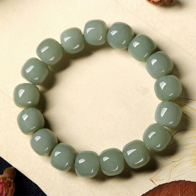 Premium azure-toned Hetian (nephrite) jade bracelet with smooth cube-like beads — Fortune Azure Hetian Jade Bracelet.