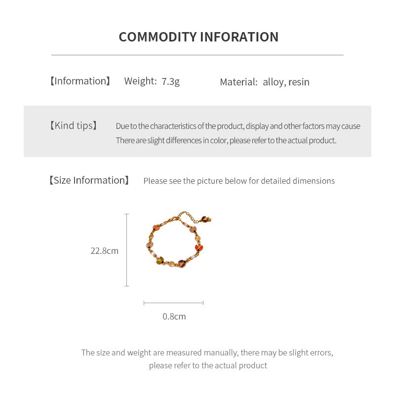 Product size chart for Vintage Enamel Floral Bracelet in golden alloy with enamel flowers