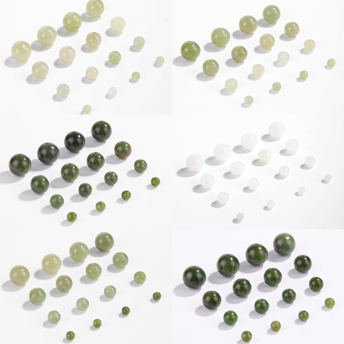 Hetian jade round beads, snowy white/pale celadon, polished, assorted 4–10 mm — Snowfield Whisper.