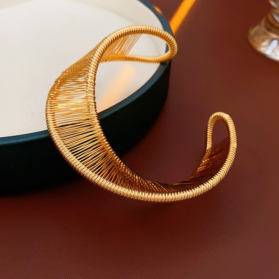 Sculptural gold and silver copper wire open cuff bracelets — Aurora Thread Cuff Bracelet by Glazenya.