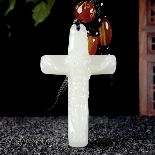 Hetian (nephrite) white jade crucifix pendant close-up – Sacred Light, 48×29×9 mm