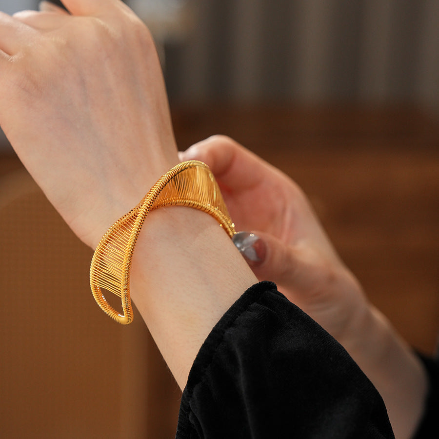 Sculptural gold and silver copper wire open cuff bracelets — Aurora Thread Cuff Bracelet by Glazenya.