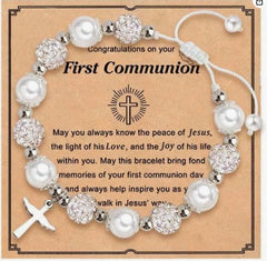 Blessed Pearl Cross Charm Bracelet — First Communion & Baptism Gift