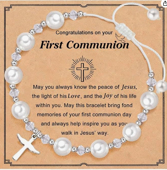 Blessed Pearl Cross Charm Bracelet — First Communion & Baptism Gift