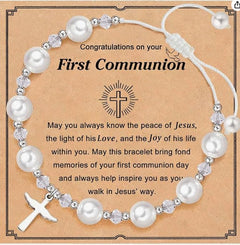 Blessed Pearl Cross Charm Bracelet — First Communion & Baptism Gift