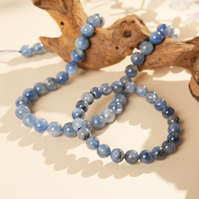 Blue crystal beaded bracelet with gold-tone spacers, shown in 6 mm and 8 mm options — Indigo Mist Crystal Bracelet by Glazenya.