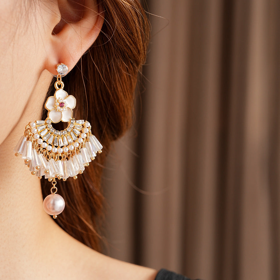 Floral fan chandelier earrings with layered crystal fringe and pearl drops — Blossom Fan Pearl Fringe Earrings.