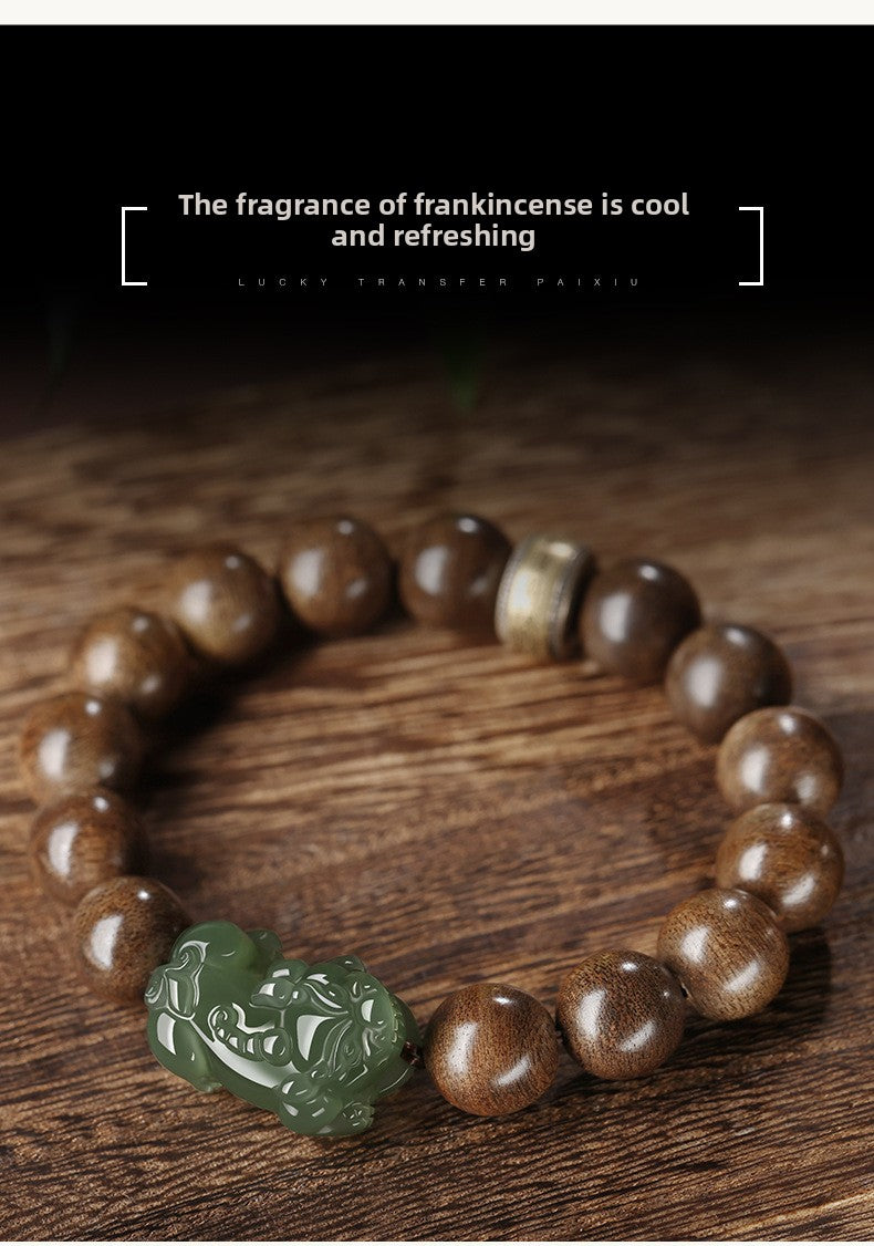 Hetian jade Pixiu charm with deep agarwood beads — Jade Guardian Bracelet