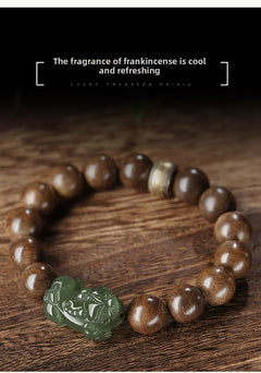 Hetian jade Pixiu charm with deep agarwood beads — Jade Guardian Bracelet