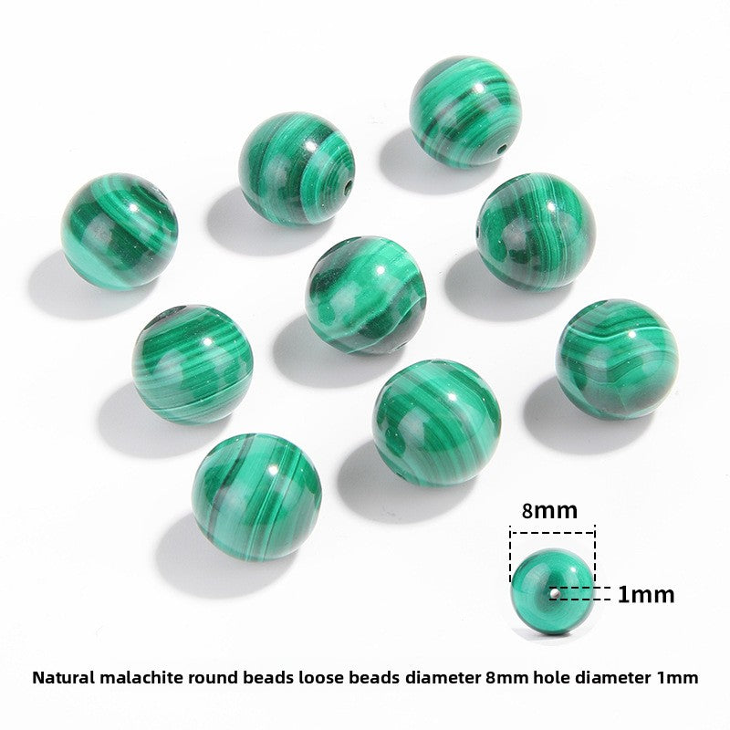 Malachite round beads with green banded “peacock” patterns, polished, assorted 4–12 mm — Peacock Veins.