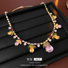 Glazenya Celestial Leaf Zircon Drop Jewelry Set — colorful water-drop zircon stones with leaf motifs; light-luxury necklace set with matching earrings and bracelet/ring variants