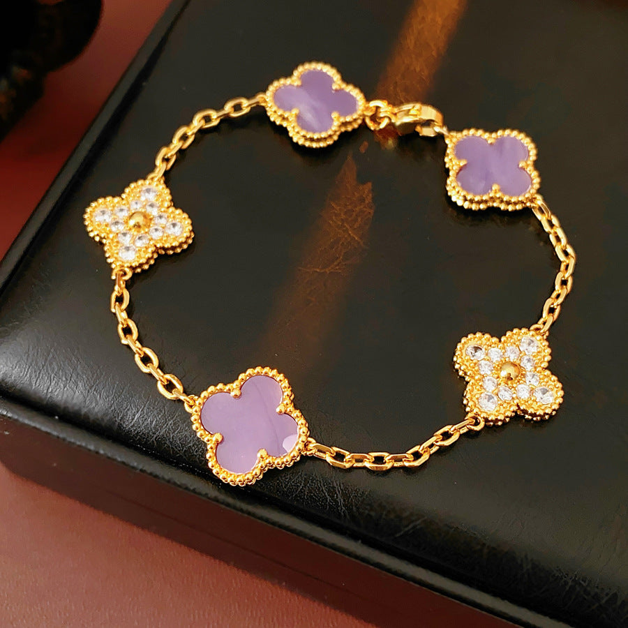 Violet Fleur Elegance Bracelet with violet clover motifs and golden beaded frames on chain