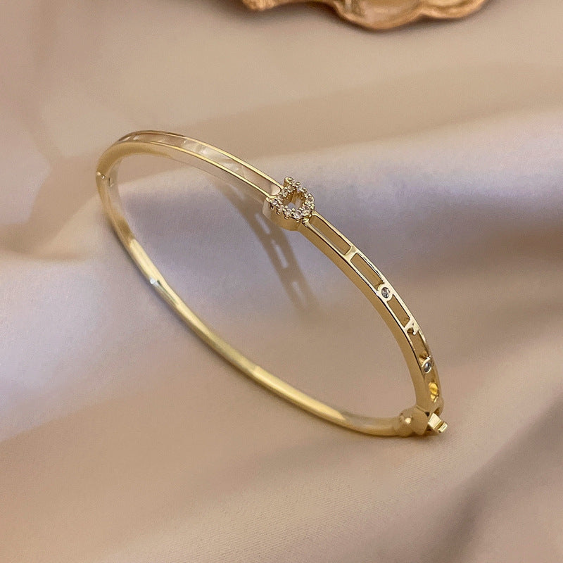 Dazzling Zircon Letter Bangle with copper base and zircon inlay – trendy cold chic jewelry
