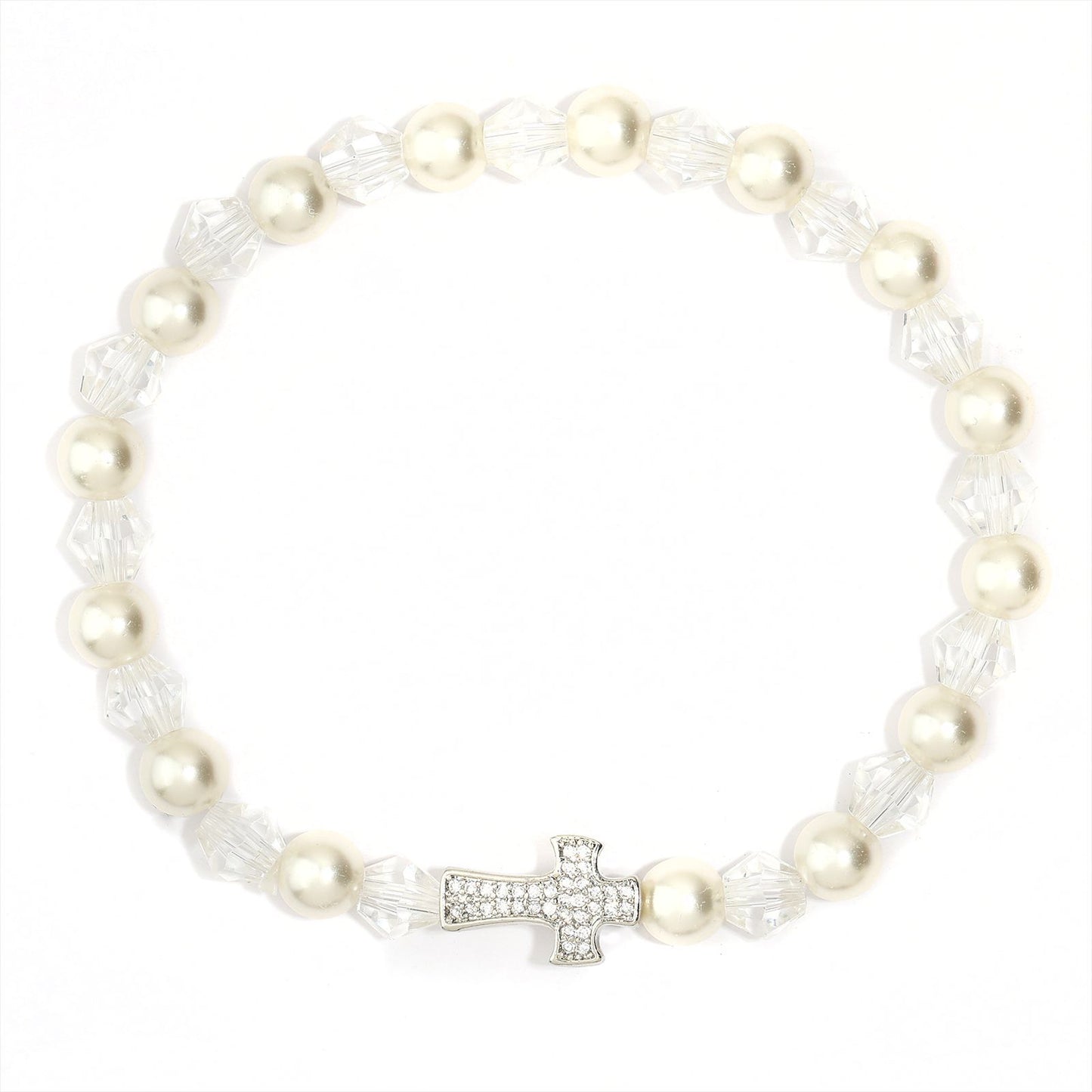 Blessed Pearl Cross Charm Bracelet — First Communion & Baptism Gift