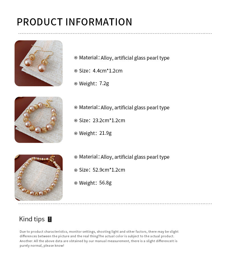 Regal Filigree Pearl Collection – champagne pearl necklace, bracelet, and earrings set by Glazenya