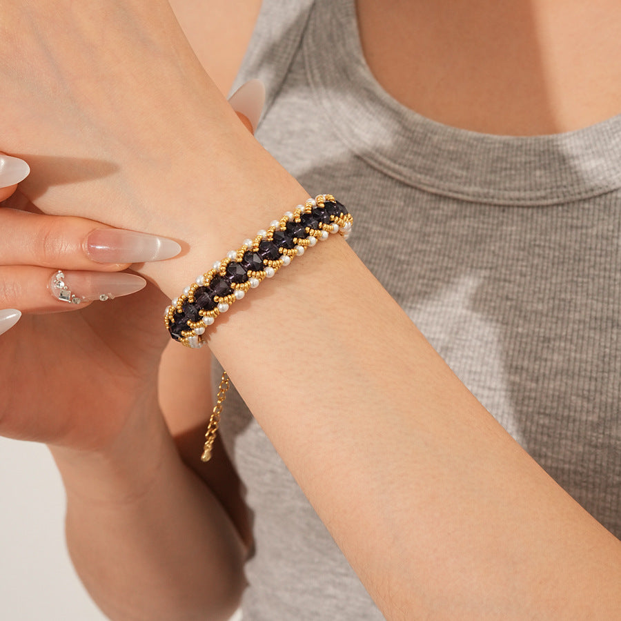 Braided glass-pearl and crystal bracelet with gold extender chain in Coffee Amber/Violet/Jade Green — Braided Pearl Crystal Bracelet.