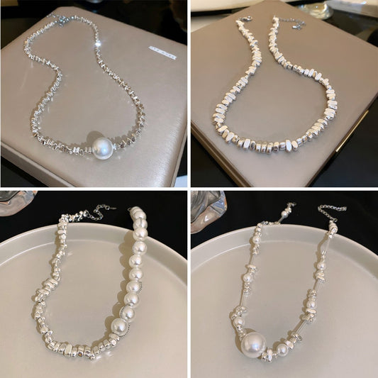 Glazenya Artificial Silver Fragment Pearl Choker — light luxury irregular pearl necklace with fragmented silver design, niche high-end collarbone chain accessory.