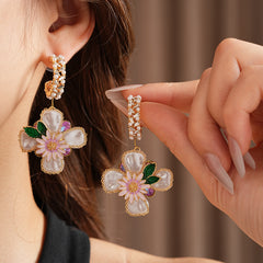 Romantic floral statement earrings with pink blossoms, imitation pearls, and enamel petals — Blossom Pearl Garden Earrings.