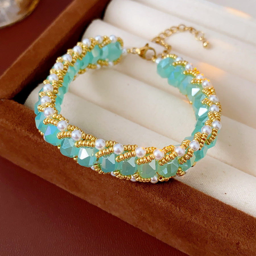 Braided glass-pearl and crystal bracelet with gold extender chain in Coffee Amber/Violet/Jade Green — Braided Pearl Crystal Bracelet.