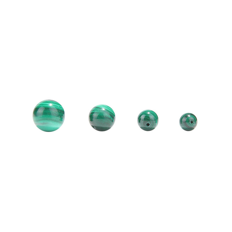 Malachite round beads with green banded “peacock” patterns, polished, assorted 4–12 mm — Peacock Veins.