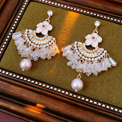 Floral fan chandelier earrings with layered crystal fringe and pearl drops — Blossom Fan Pearl Fringe Earrings.