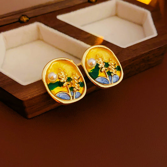 Oval enamel stud earrings in sunlit meadow colors with a pearl accent and gold rim — Sunlit Meadow Pearl Enamel Studs.