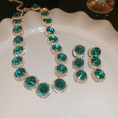 Glazenya Celestial Leaf Zircon Drop Jewelry Set — colorful water-drop zircon stones with leaf motifs; light-luxury necklace set with matching earrings and bracelet/ring variants