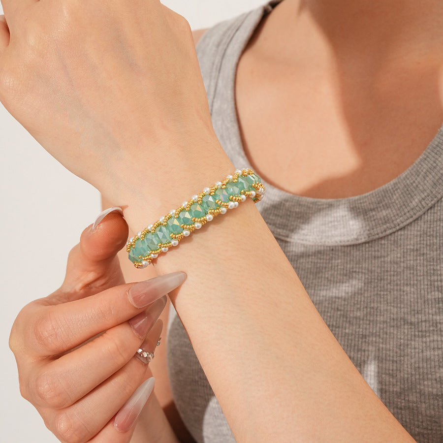 Braided glass-pearl and crystal bracelet with gold extender chain in Coffee Amber/Violet/Jade Green — Braided Pearl Crystal Bracelet.