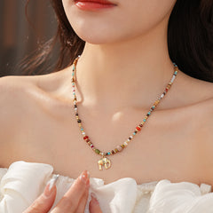 Elephant charm colorful glass bead necklace – vintage ethnic collarbone chain light luxury women’s jewelry