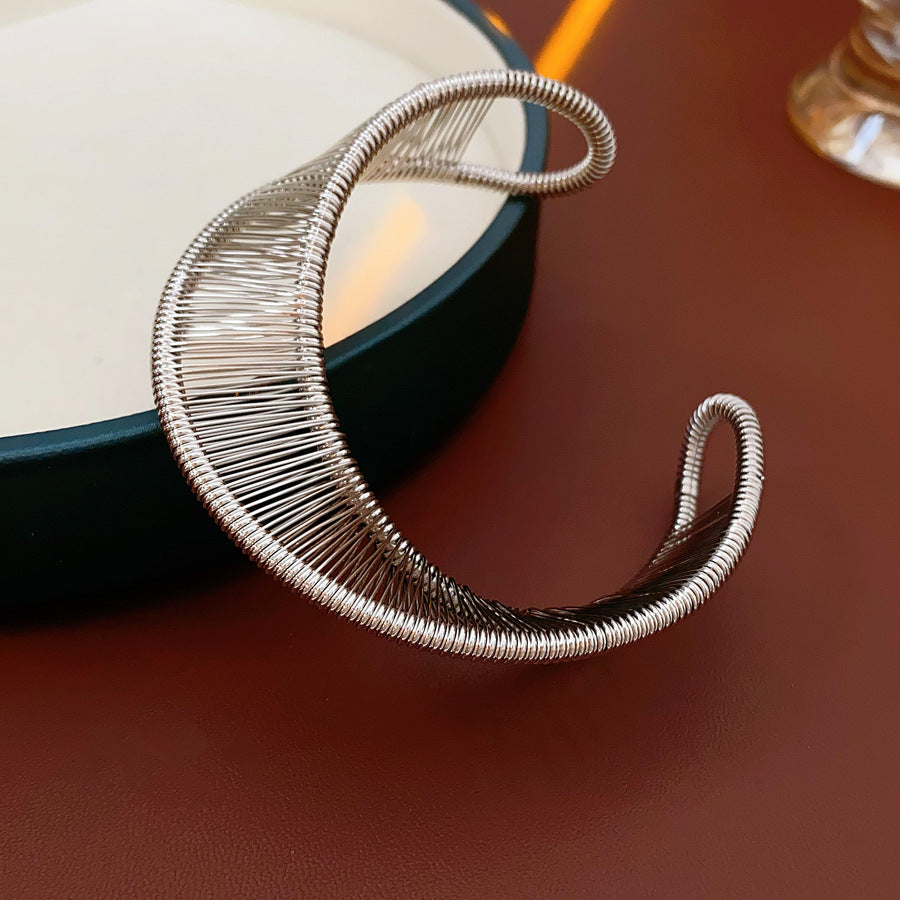 Sculptural gold and silver copper wire open cuff bracelets — Aurora Thread Cuff Bracelet by Glazenya.