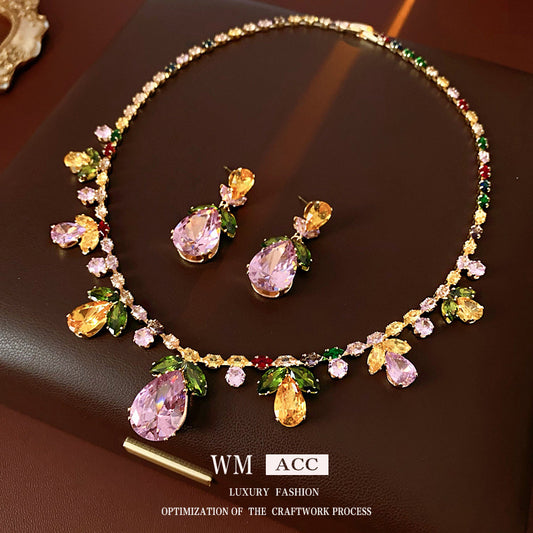 Glazenya Celestial Leaf Zircon Drop Jewelry Set — colorful water-drop zircon stones with leaf motifs; light-luxury necklace set with matching earrings and bracelet/ring variants