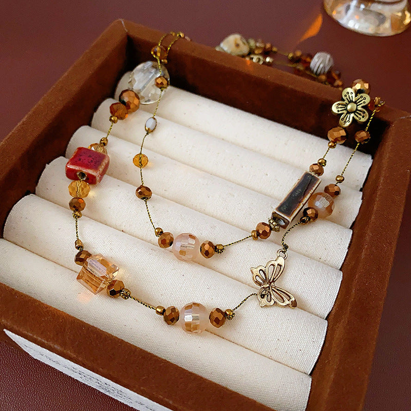 Glazenya Retro Ethnic Geometric Ceramic Long Necklace — handcrafted brown ceramic sweater chain with high-end autumn winter ethnic style design.