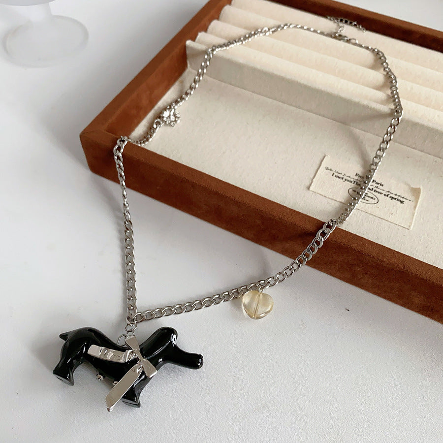 Silver-tone chain necklace with glossy resin dachshund pendant — Coffee and Black options — Dapper Dachshund Charm Necklace.