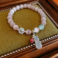 Pastel cat’s-eye and chalcedony beaded bracelet with frosted cat pendant — Moonlit Cat’s Eye Charm Bracelet by Glazenya.