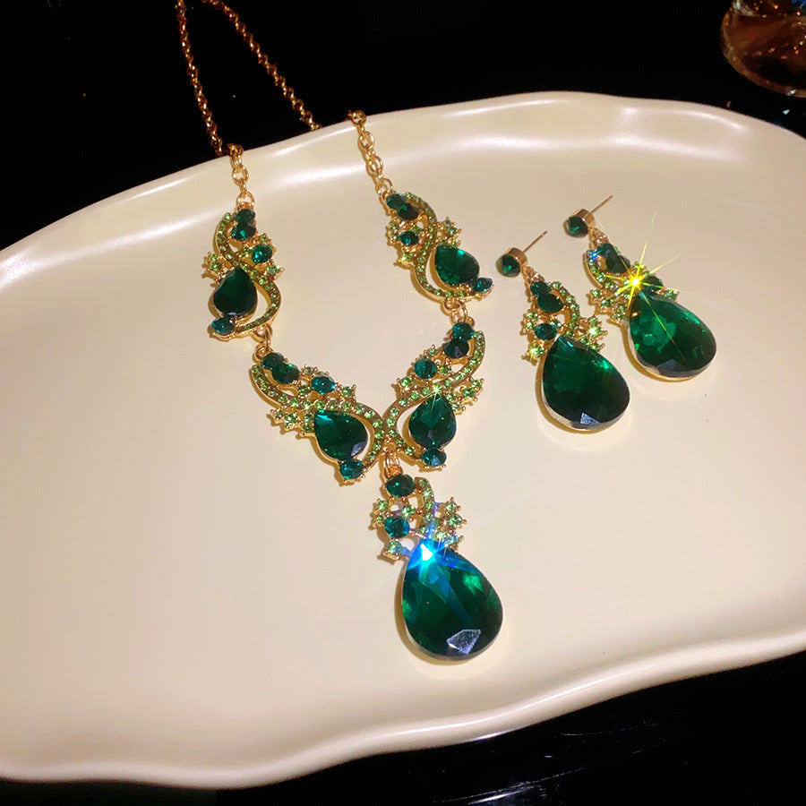 Glazenya Celestial Leaf Zircon Drop Jewelry Set — colorful water-drop zircon stones with leaf motifs; light-luxury necklace set with matching earrings and bracelet/ring variants