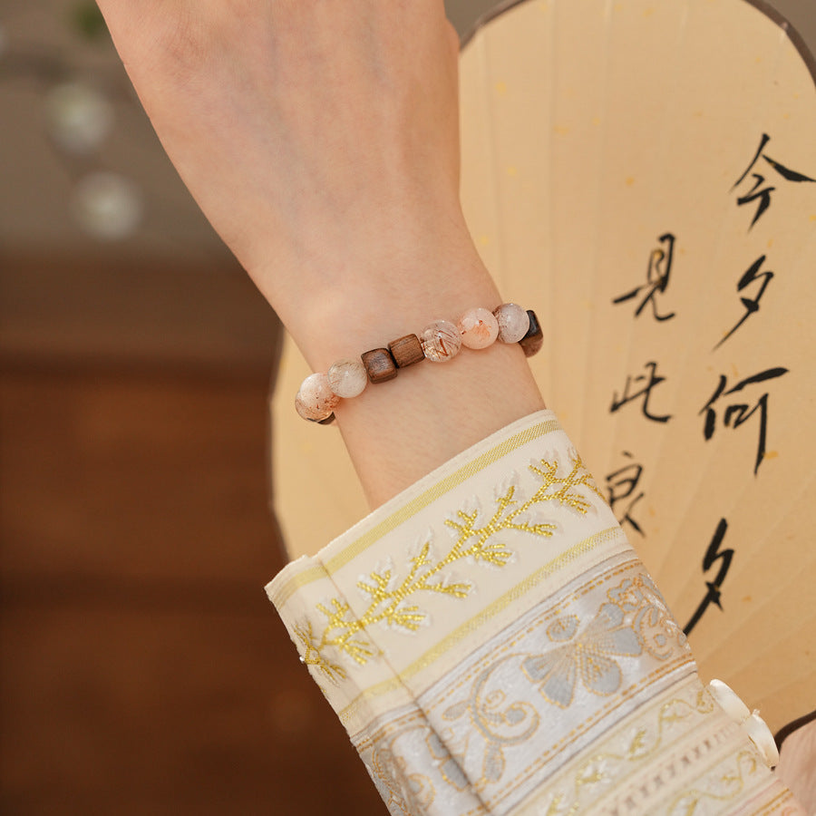 Natural rutilated quartz and sandalwood beaded bracelet — Amberwood Harmony Bracelet by Glazenya.