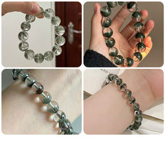 Green Phantom Quartz round beads with moss-like inclusions, polished finish, sizes 6/8/10 mm — Verdant Phantom.