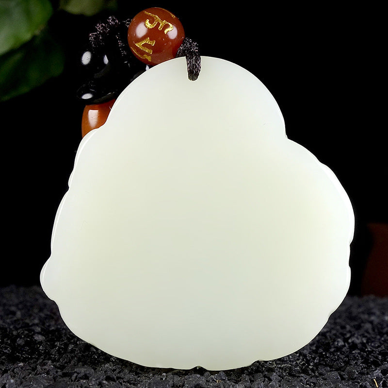 Hetian (nephrite) white jade Buddha pendant close-up – Prospering Joy, 41×41×11 mm