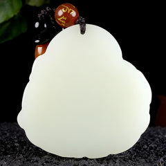 Hetian (nephrite) white jade Buddha pendant close-up – Prospering Joy, 41×41×11 mm