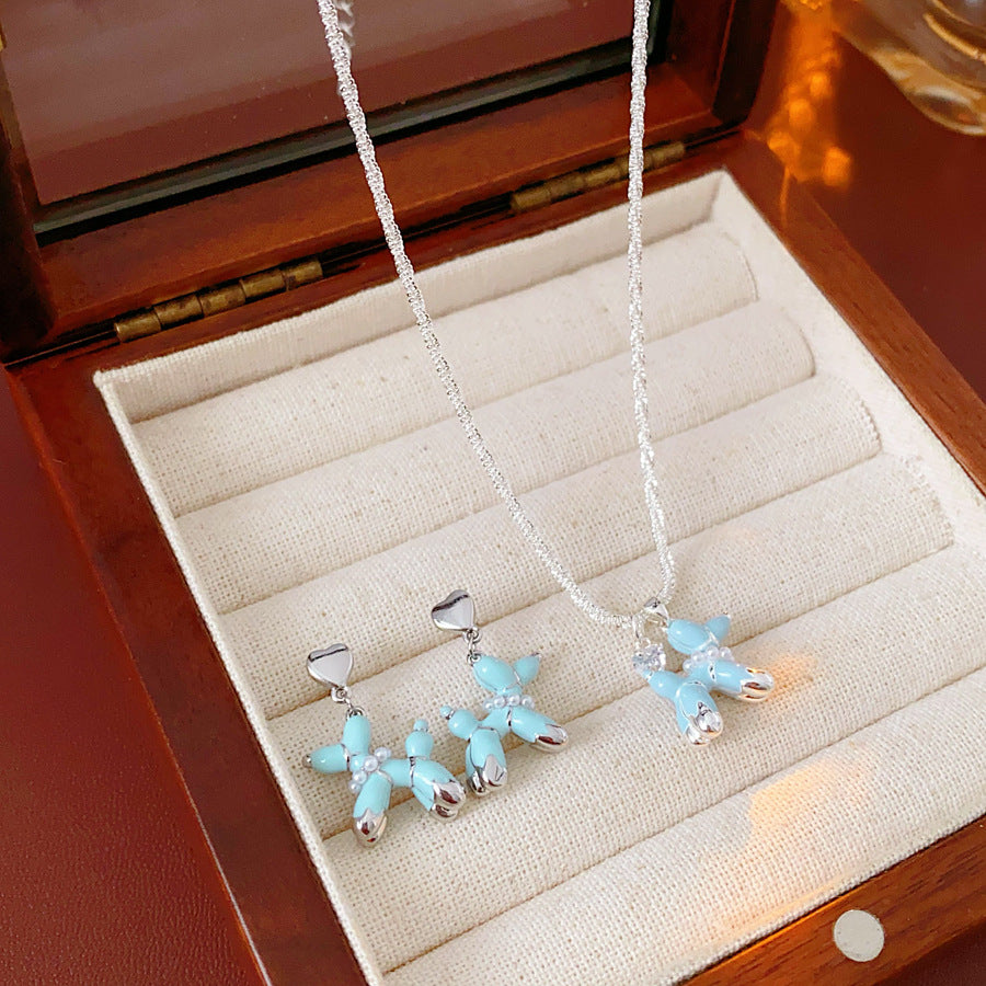 Blue Pup Pendant & Earrings Set